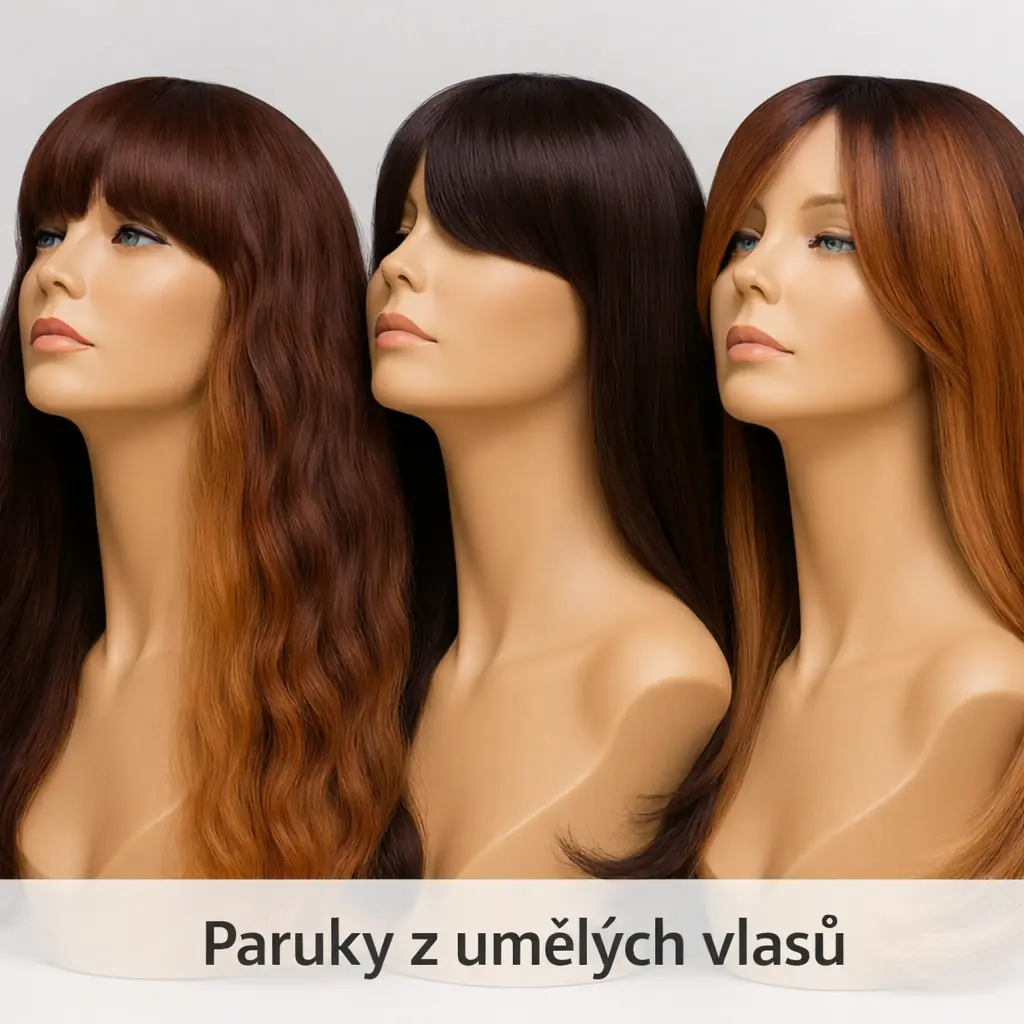 Paruky z umělých vlasů v různých barevných odstínech na figurínách