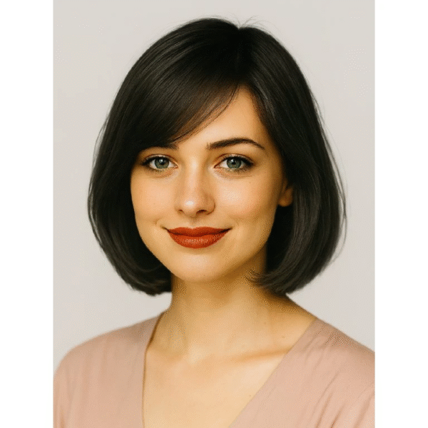 Zdravotní paruka CHEMO z pravých vlasů v odstínu přírodní černá, střih mikádo 20 cm.