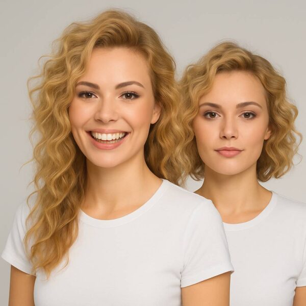 Prodlužování vlasů v Praze – porovnání krátkých a prodloužených blond vlnitých vlasů u modelky, ukázka výsledku profesionální služby.