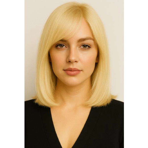 Zdravotní paruka z pravých vlasů CHEMO ve světlé blond barvě, délka 25–30 cm.