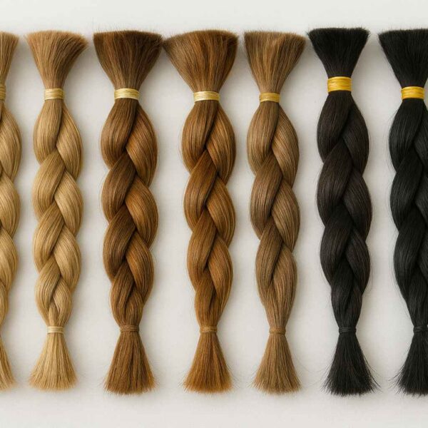 Různé copy lidských vlasů v několika odstínech od blond po černou, určené k prodlužování vlasů a výrobě paruk.