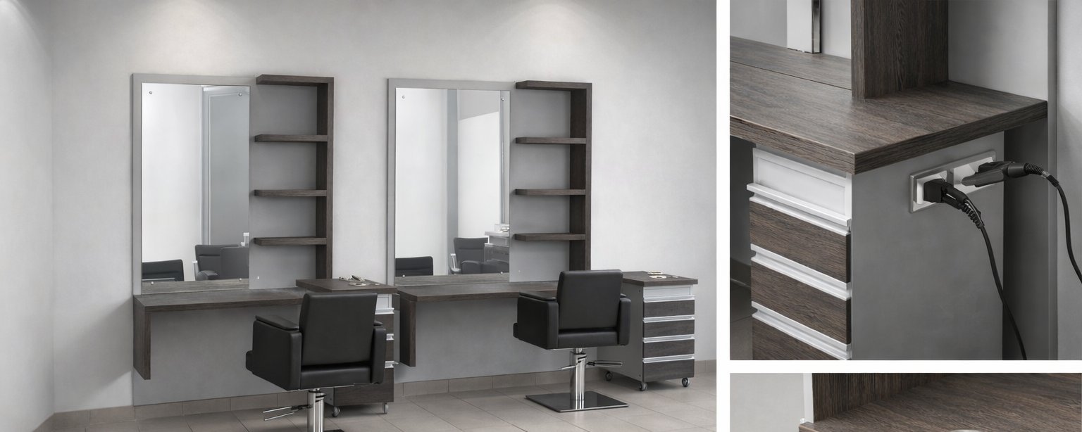 kadernicka-obsluha-clanek-hlavni Moderní kadeřnická obsluha a pracovní stanice v salonu s tmavým dekorem dřeva