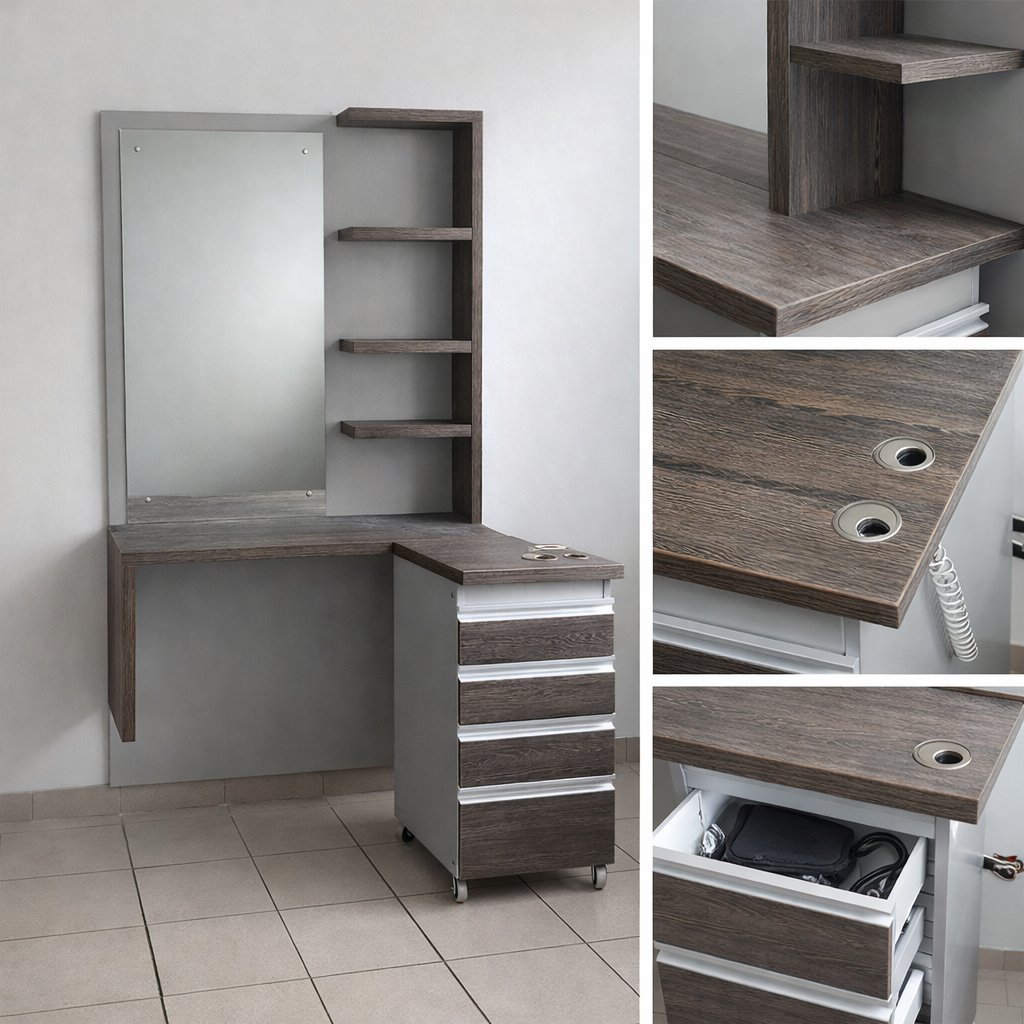 Profesionální kadeřnická obsluha s vozíkem a elektrickými zásuvkami v dekoru wenge