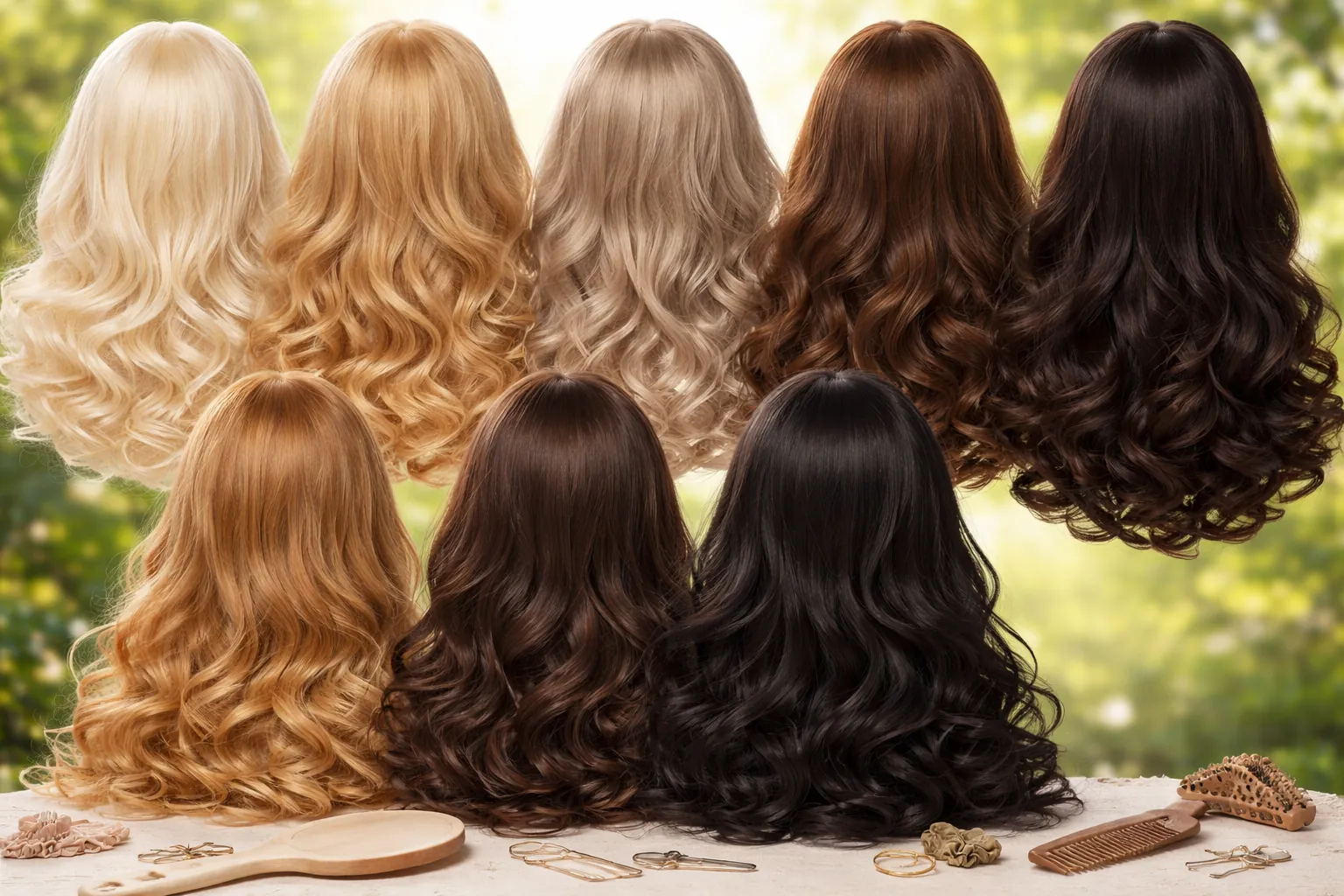 paruky z umělých vlasů v přírodních odstínech blond, hnědá a černá