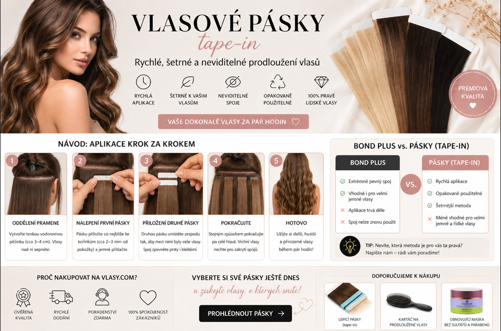 Vlasové pásky (tape-in): jednoduchý způsob prodloužení vlasů